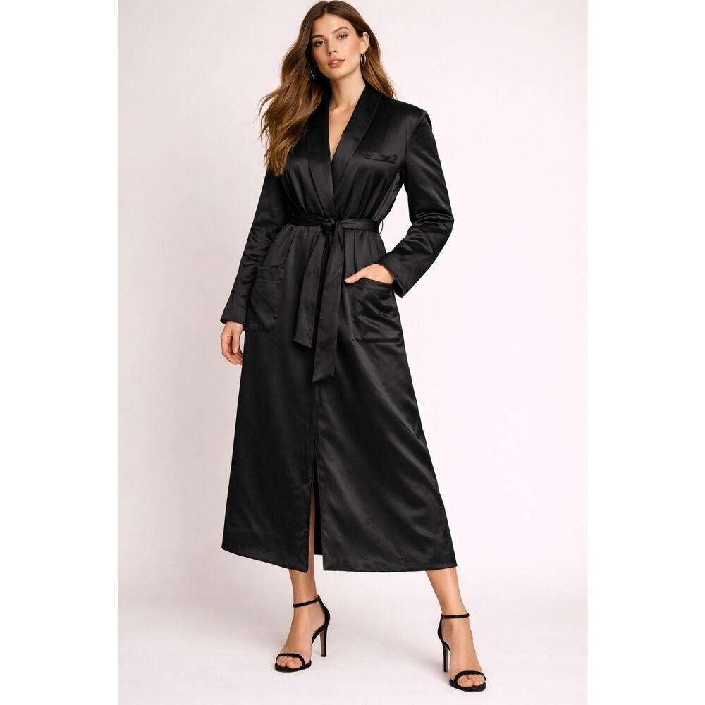 Reformation Black Satin Tie Belt Coat Wool Lined Midi Robe Jacket Small